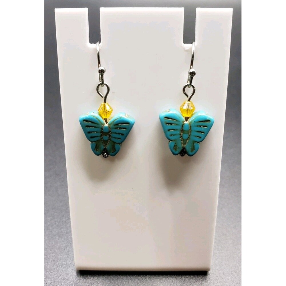 Dangle/Drop/Costume/ Turquoise Butterfly Yellow Glass Beaded Handcrafted Earring